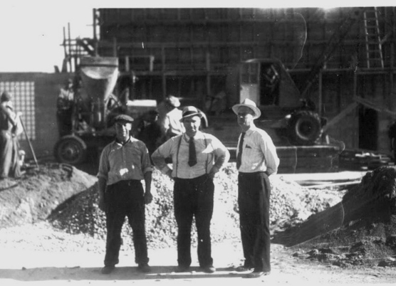 Men at the construction site during the building of the Road Commission in 1940